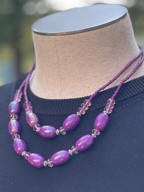 Purple Bead Double-Strand Necklace with Matching Drop Earring NOS!